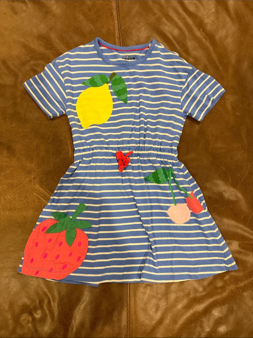 Mini Boden Blue Striped Fruit Appliqué Kids Dress